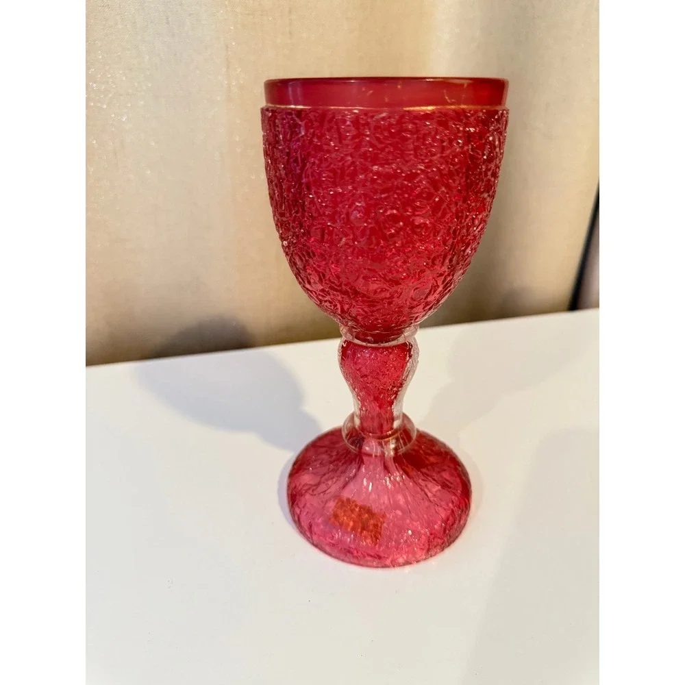 Antique 1870‎ Tree of Life Rose Pink Crackle Glass Communion Chalice Goblet
